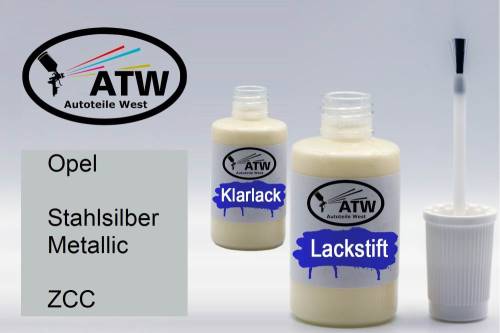 Opel, Stahlsilber Metallic, ZCC: 20ml Lackstift + 20ml Klarlack - Set, von ATW Autoteile West.